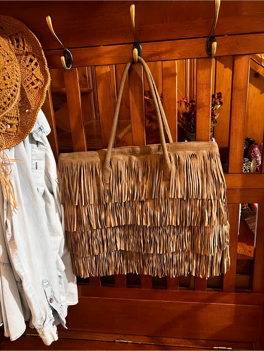 Larettamia Fringe Tote Bag in Tan Suede - Women’s Boho Shoulder Bag